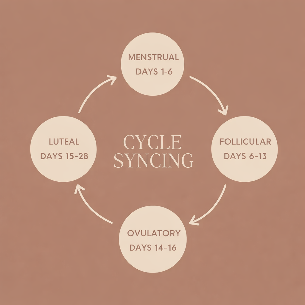 Cycle syncing diagram showing menstrual, follicular, ovulatory, and luteal phases